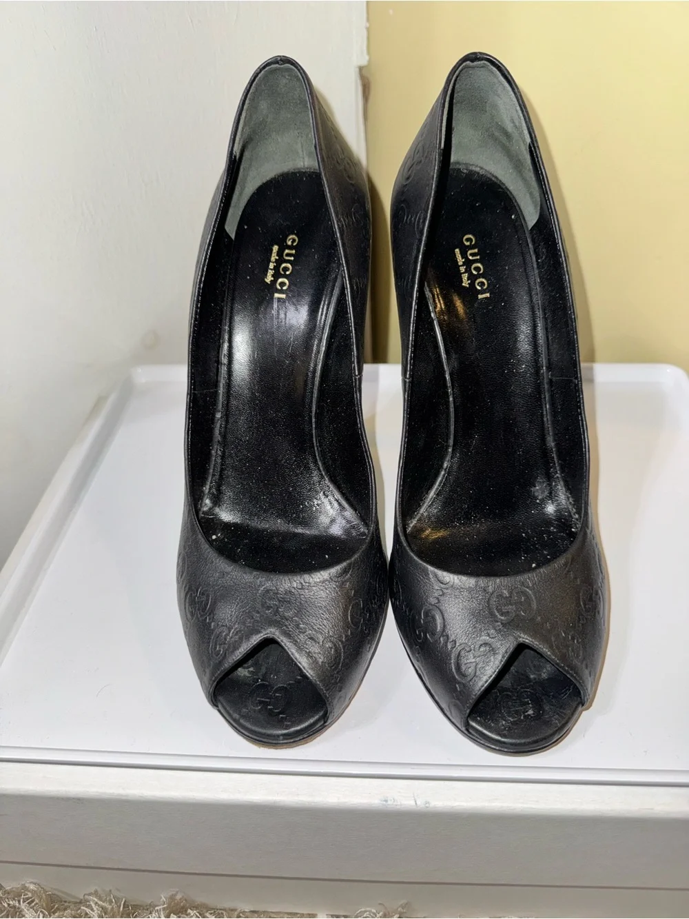 Gucci Black Embossed GG Peep-Toe Stiletto Pumps